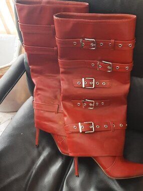 Women Knee High Riding Boots Fashion Buckles Stiletto Heels Burgundy Sz10 Defect